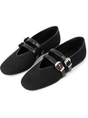Goupsky Size 10 Flats Ballet Black Suede Mesh Buckle Soft Adjustable
